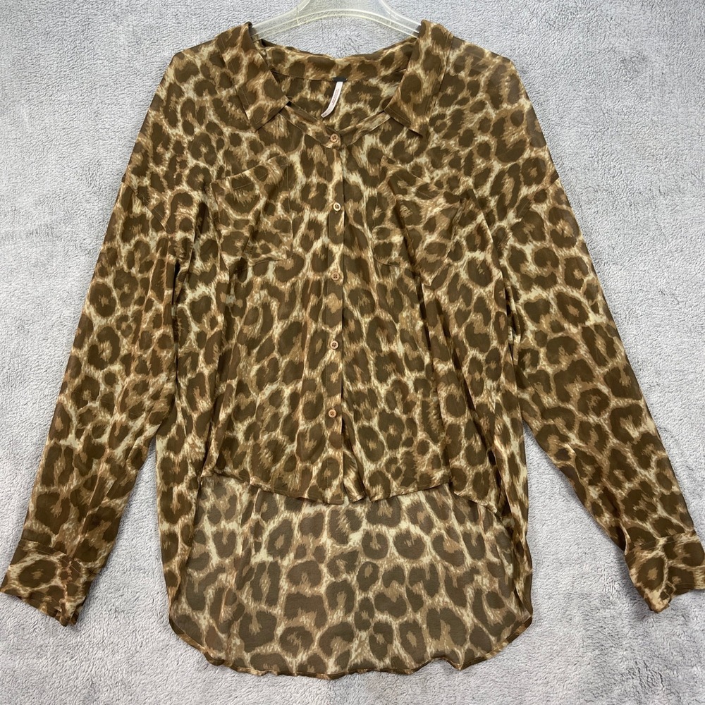 Free People Button Up Women Medium Brown Sheer Leopard Print Blouse Long Sleeve